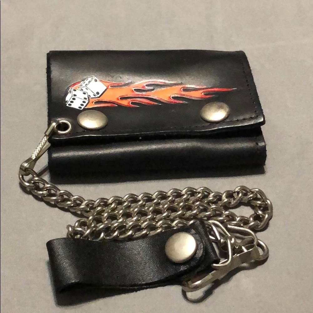 Flaming dice leather biker wallet.